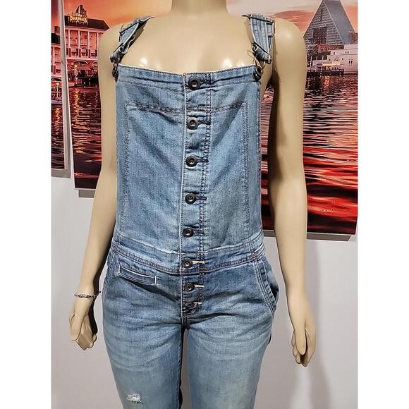 Free People Button Front Size 27 Distressed Overall Denim Color:True Wash #CB9 - Picture 3 of 13
